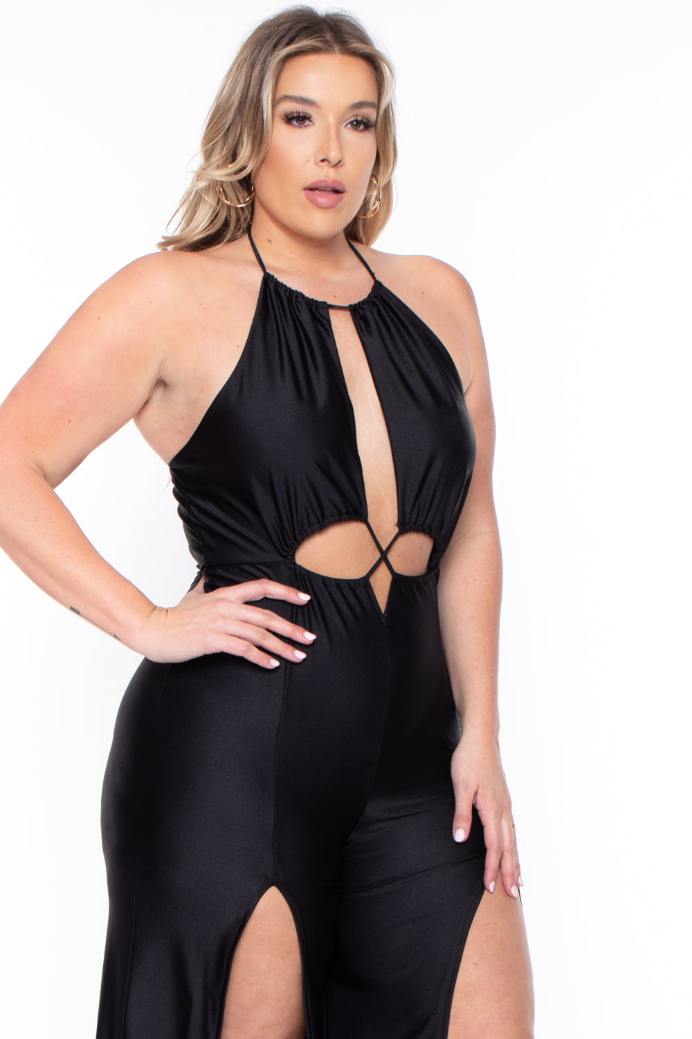 Curvy Sense Jumpsuits and Rompers Plus Size Elissa M-Slit Jumpsuit- Black