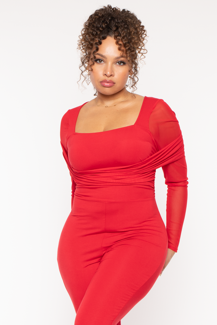 Curvy Sense Jumpsuits and Rompers Plus Size Eliz Mesh Jumpsuit - Red