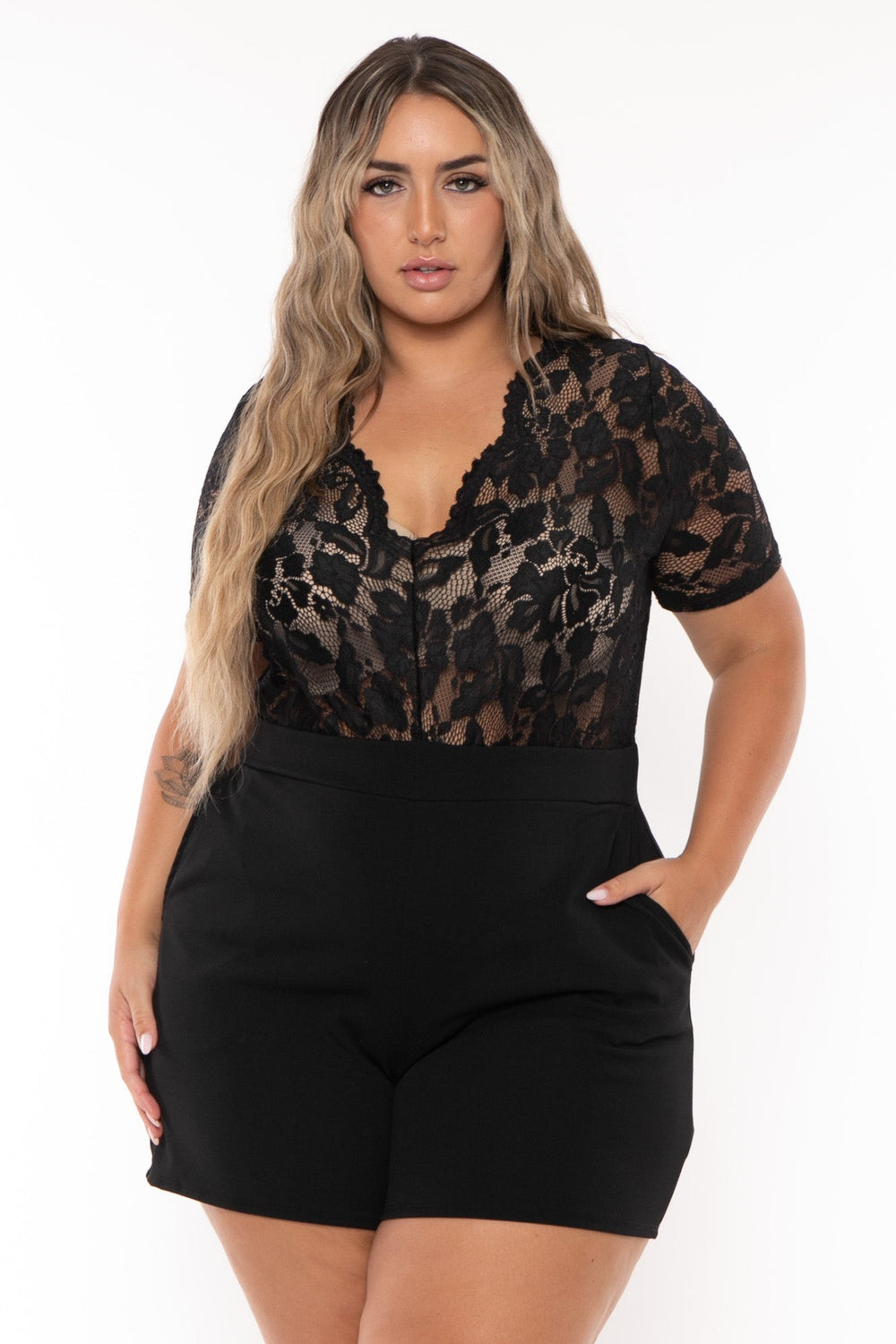 Curvy Sense Jumpsuits and Rompers Plus Size Emaree Lace Top Romper - Black