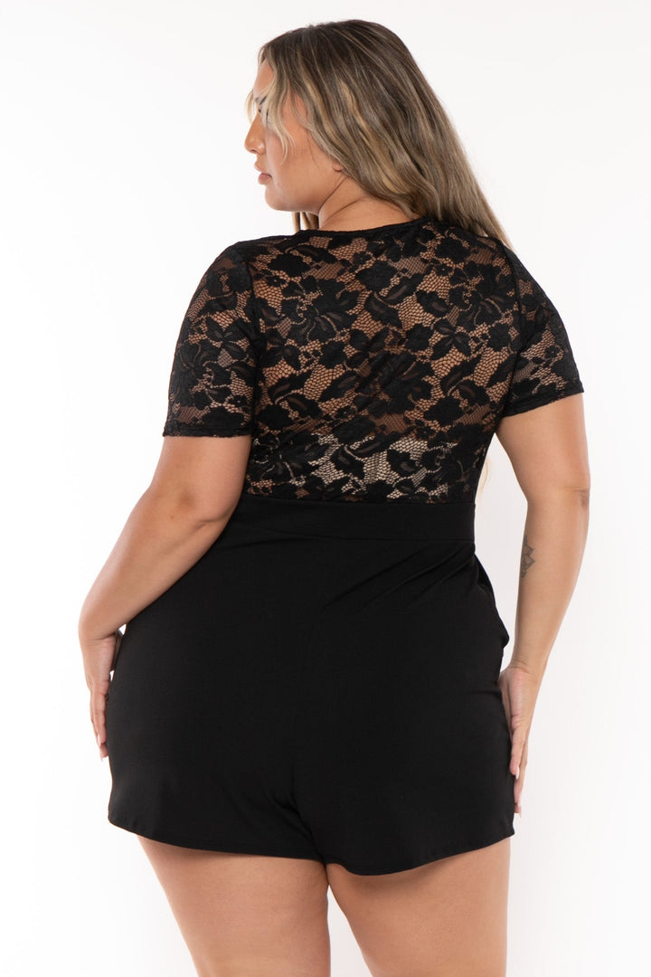 Curvy Sense Jumpsuits and Rompers Plus Size Emaree Lace Top Romper - Black