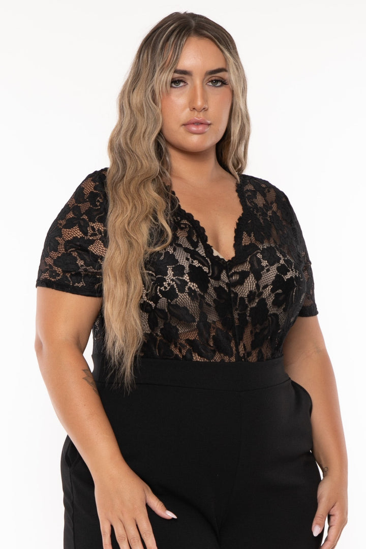 Curvy Sense Jumpsuits and Rompers Plus Size Emaree Lace Top Romper - Black