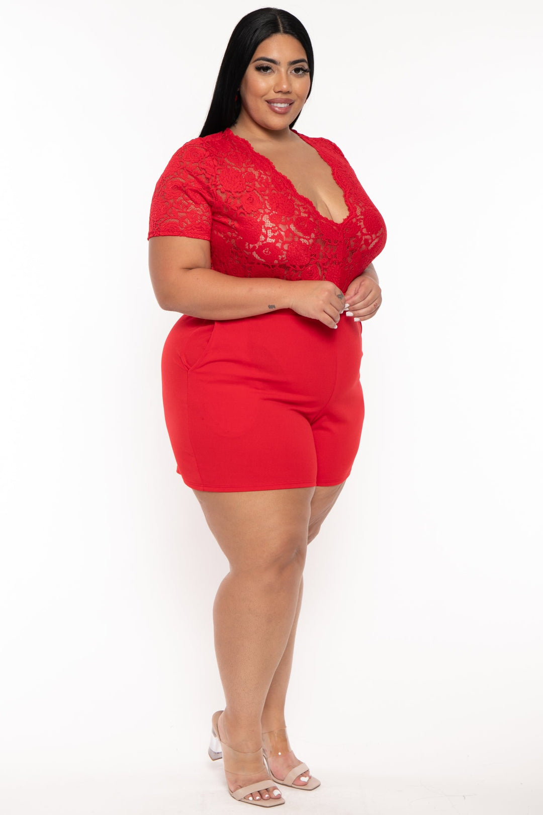 Curvy Sense Jumpsuits and Rompers Plus Size Emaree Lace Top Romper - Red