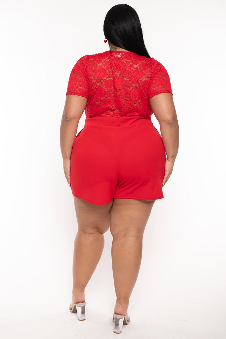 Curvy Sense Jumpsuits and Rompers Plus Size Emaree Lace Top Romper - Red