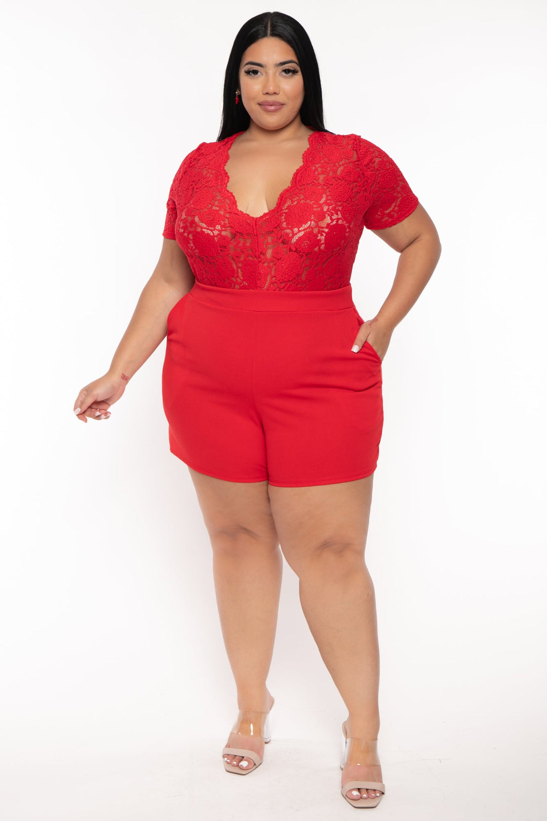Curvy Sense Jumpsuits and Rompers Plus Size Emaree Lace Top Romper - Red