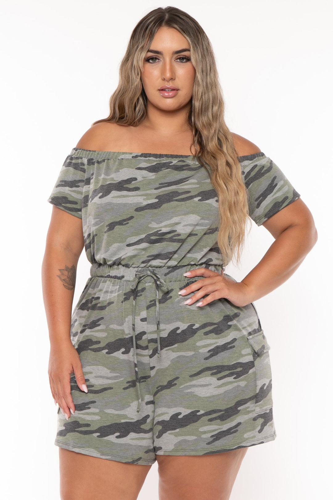 Curvy Sense Jumpsuits and Rompers Plus Size Erene Camo Cargo Romper - Green