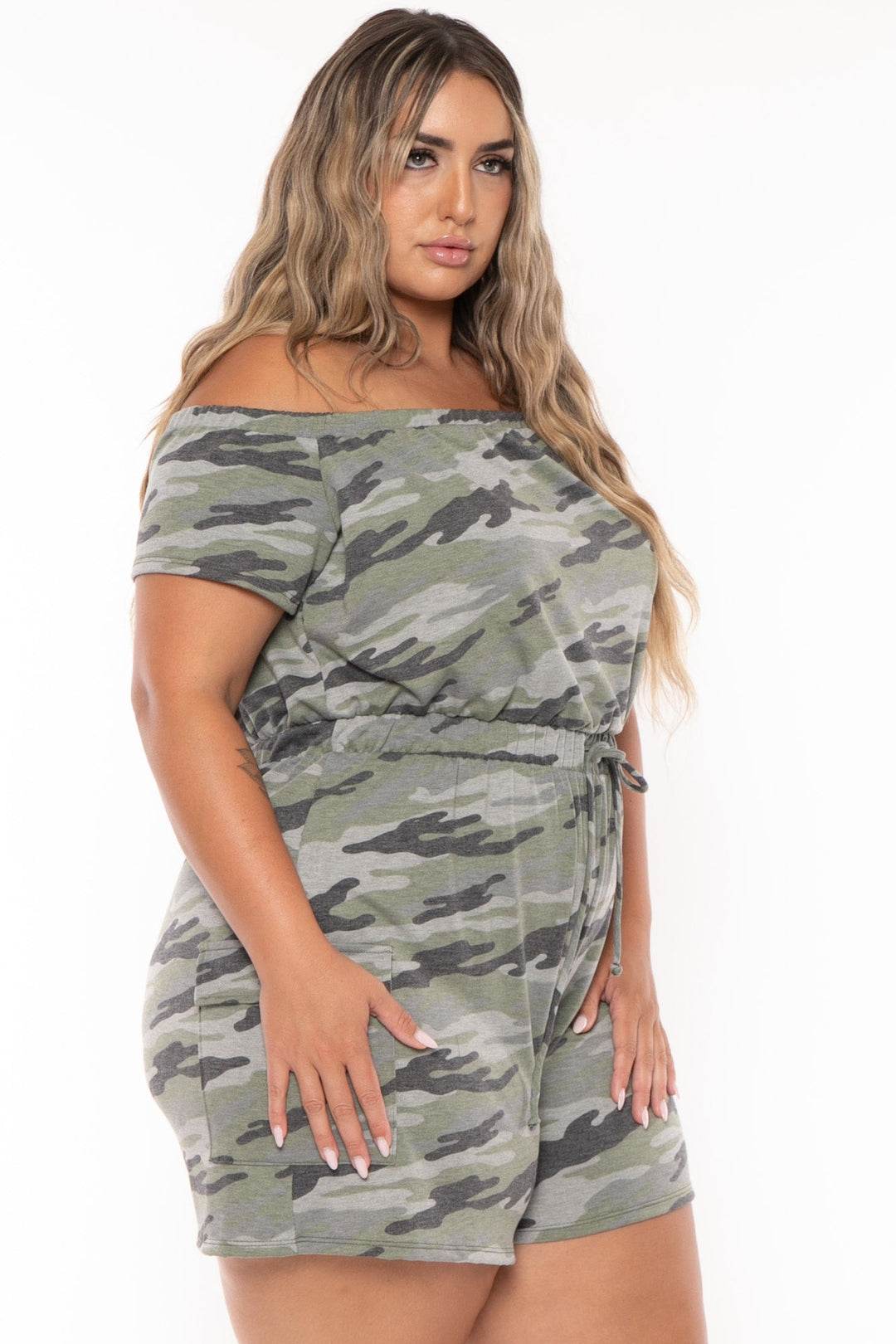 Curvy Sense Jumpsuits and Rompers Plus Size Erene Camo Cargo Romper - Green