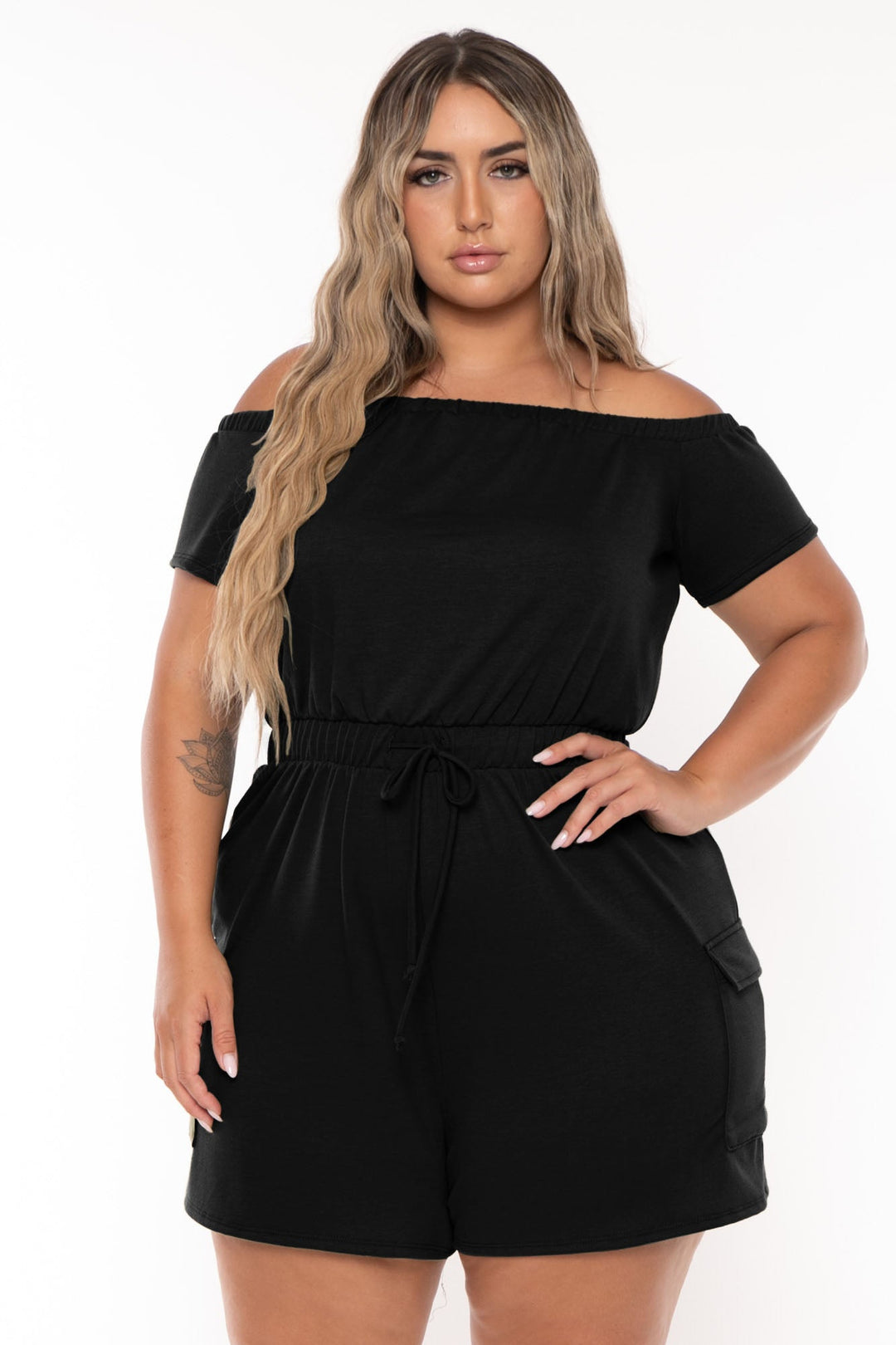 Curvy Sense Jumpsuits and Rompers Plus Size Erene Cargo Romper - Black