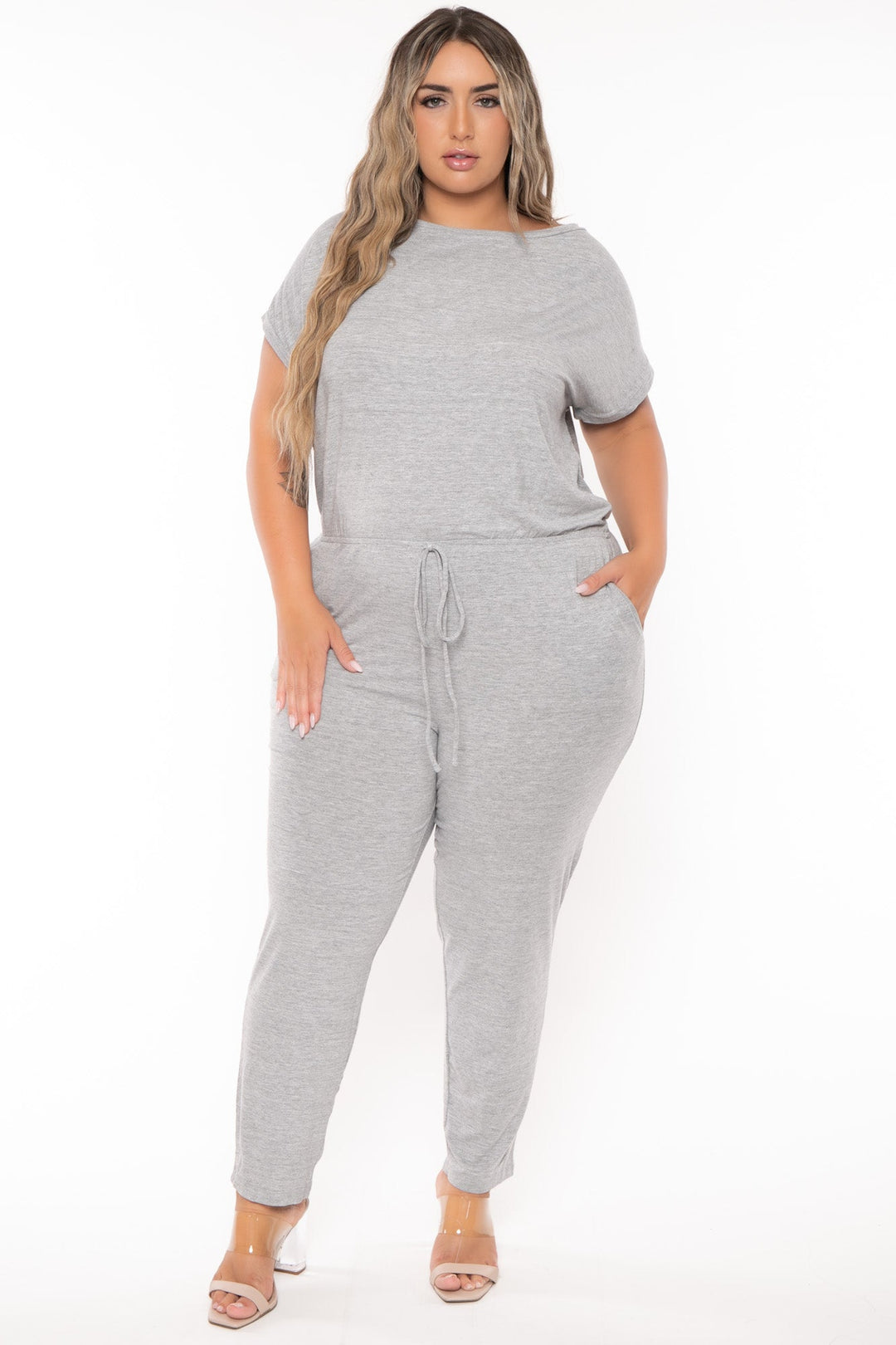 CULTURE CODE Jumpsuits and Rompers Plus Size Frances Drawstring   Jumpsuit -Heather Grey