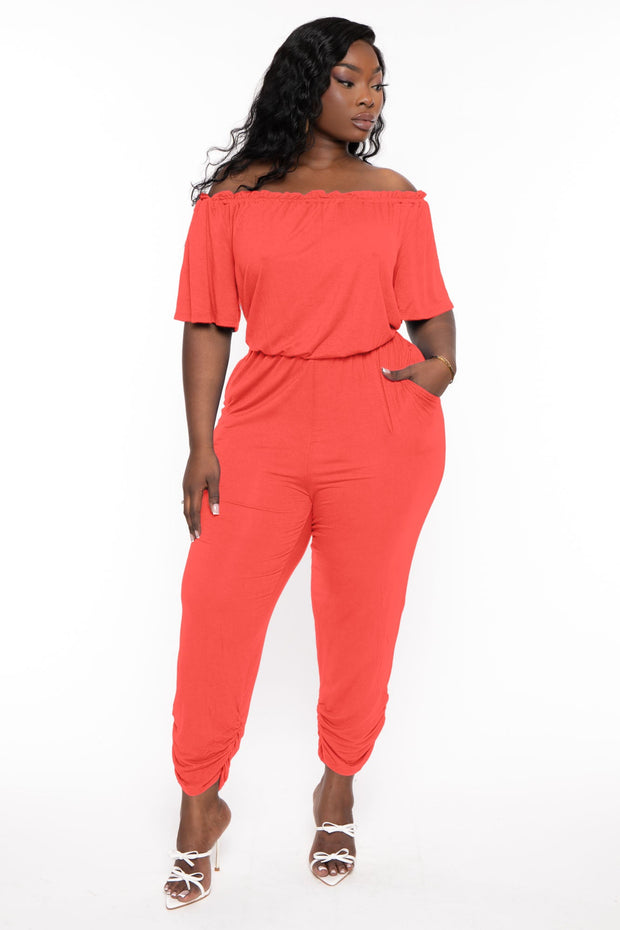 CULTURE CODE Jumpsuits and Rompers 1X / Orange Plus Size Frances Off The Shoulder  Jumpsuit - Orange