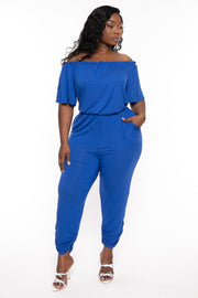 SOLID Jumpsuits and Rompers 1X / Royal Blue Plus Size Frances Off The Shoulder  Jumpsuit - Royal Blue