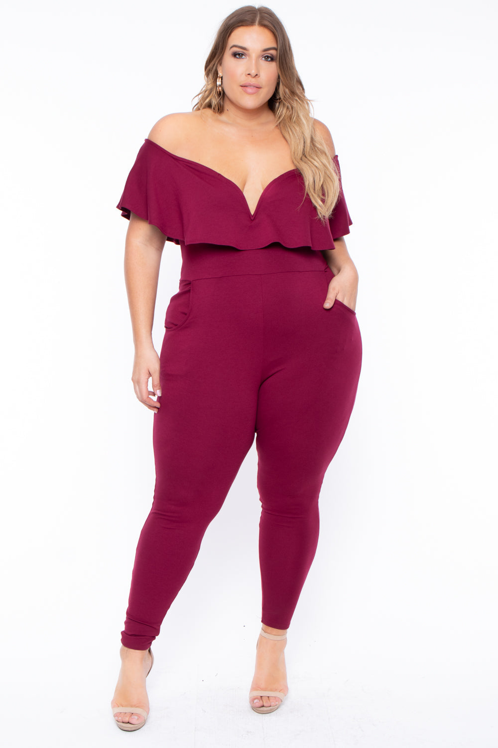 Curvy Sense Jumpsuits and Rompers 1X / Burgundy Plus Size Frill Jumpsuit - Burgundy