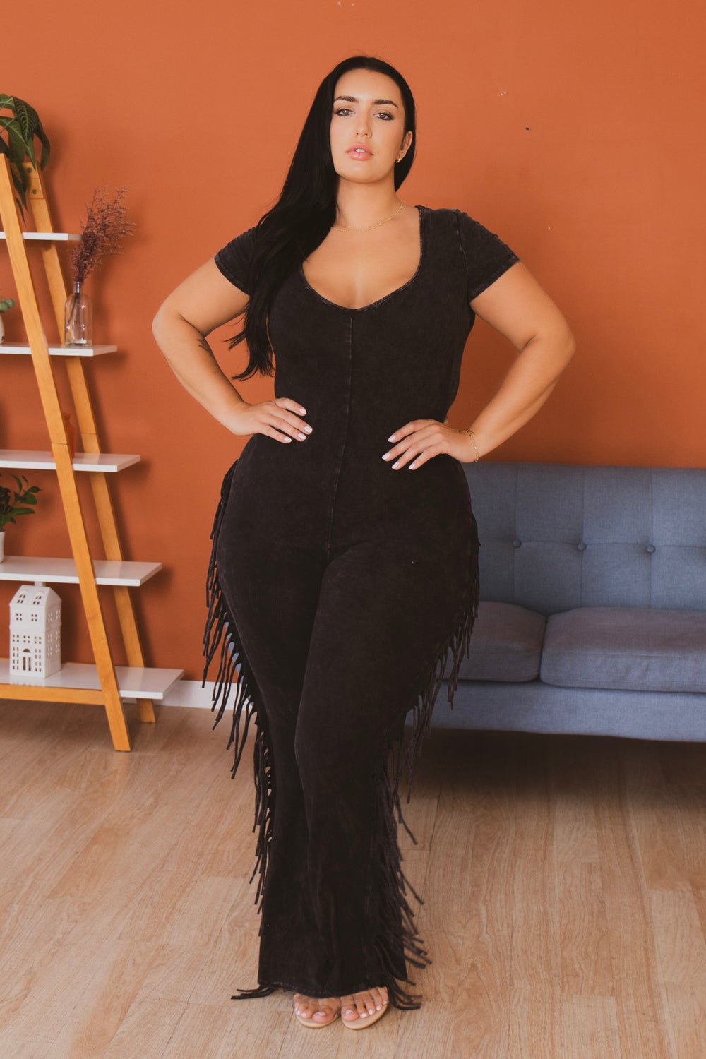 K TOO Jumpsuits and Rompers Plus Size Fringe Fever Acid Wash Jumpsuit - Black