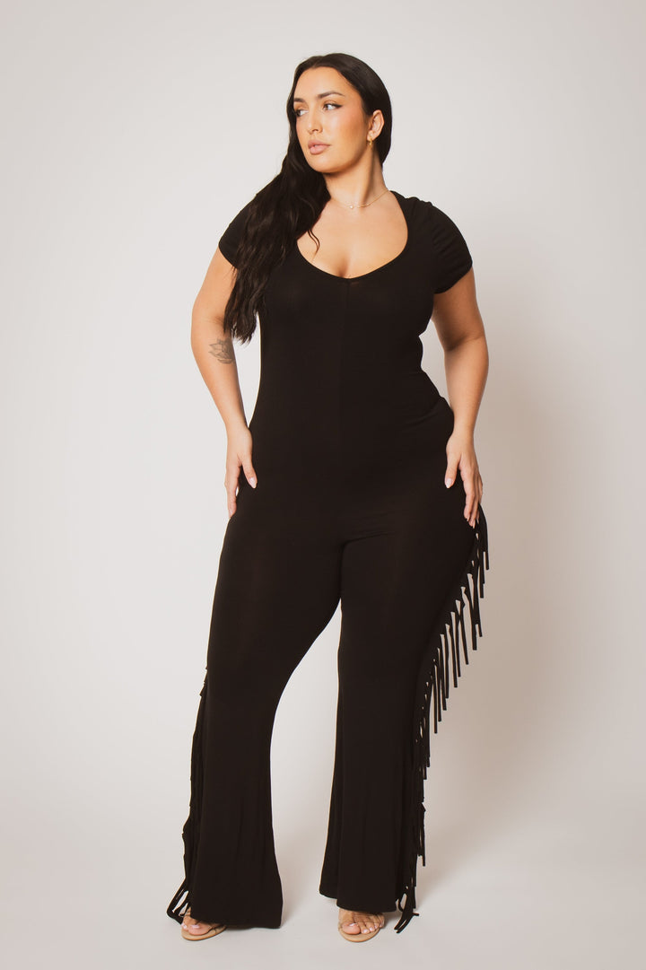 Curvy Sense Inc. Jumpsuits and Rompers Plus Size Fringe Fever Acid Wash Jumpsuit - Black
