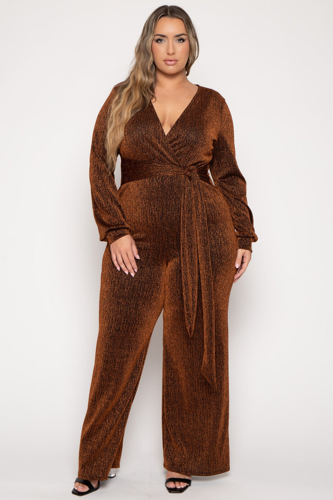 Curvy Sense Jumpsuits and Rompers Plus Size Geneva Sash Lurex Jumpsuit -Bronze