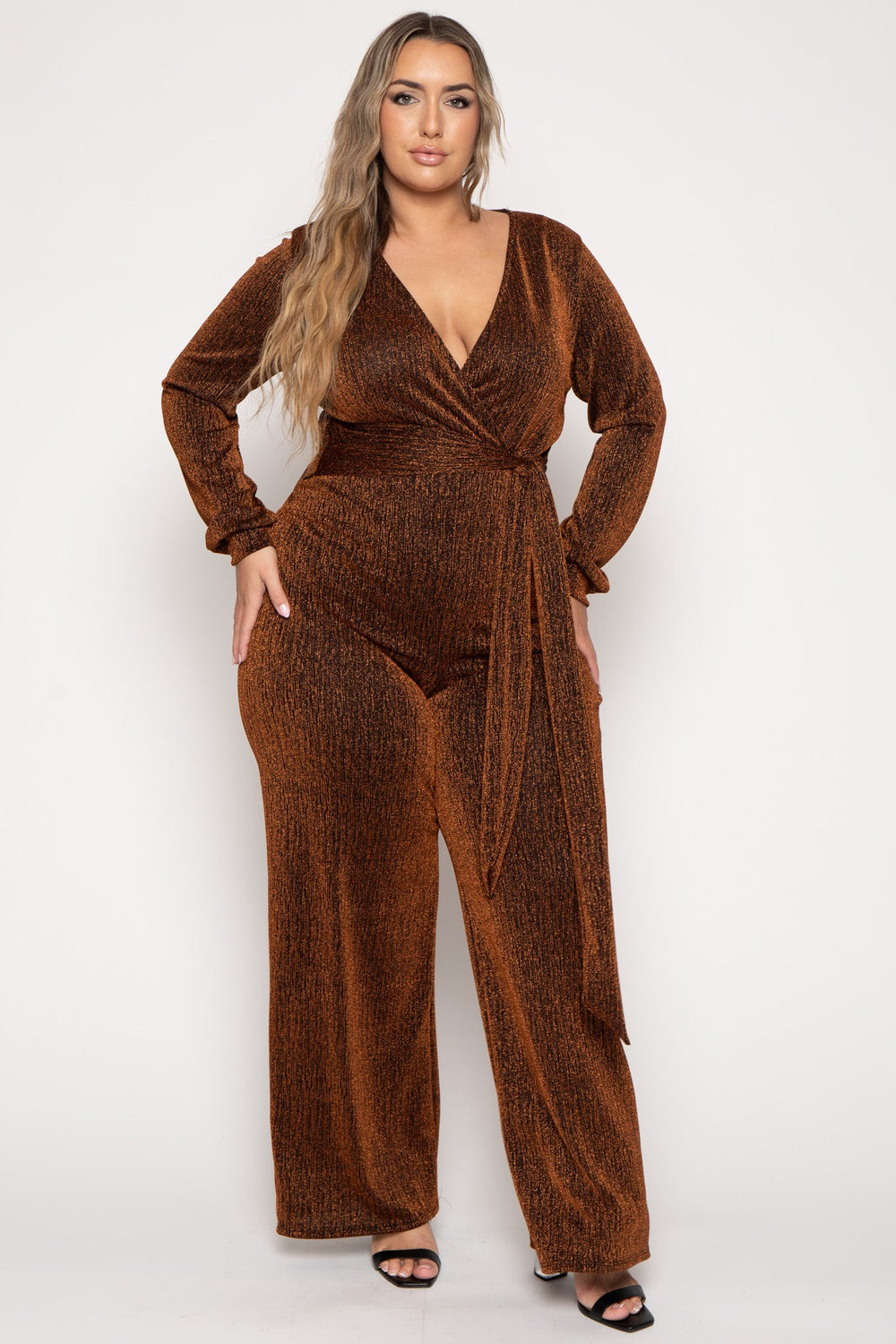 Curvy Sense Jumpsuits and Rompers Plus Size Geneva Sash Lurex Jumpsuit -Bronze