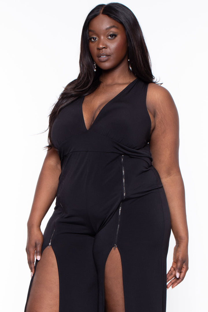 Curvy Sense Jumpsuits and Rompers Plus Size Giada M-Slit Jumpsuit- Black