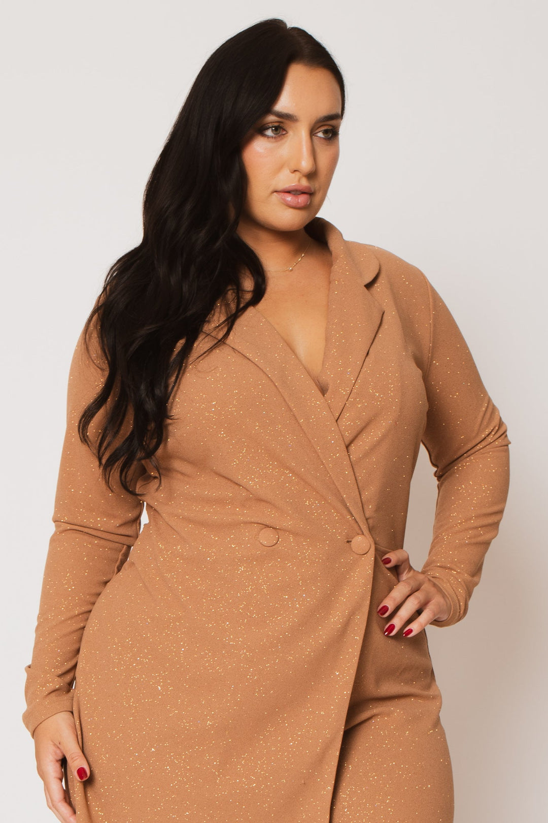SYMPHONY Jumpsuits and Rompers Plus Size Glitter Glam Blazer Romper - Taupe