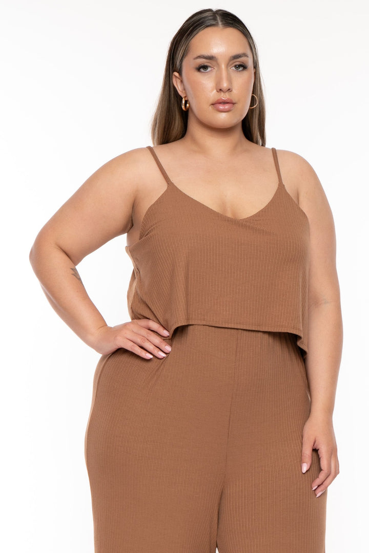 Zenana Jumpsuits and Rompers Plus Size Illa Ribbed Double layer Jumpsuit- Camel