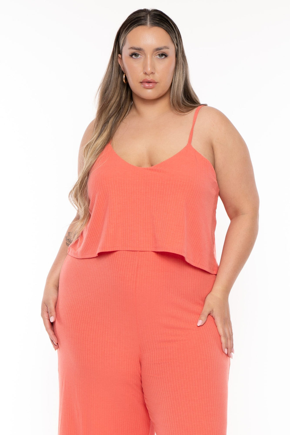 Zenana Jumpsuits and Rompers Plus Size Illa Ribbed Double layer Jumpsuit- Coral