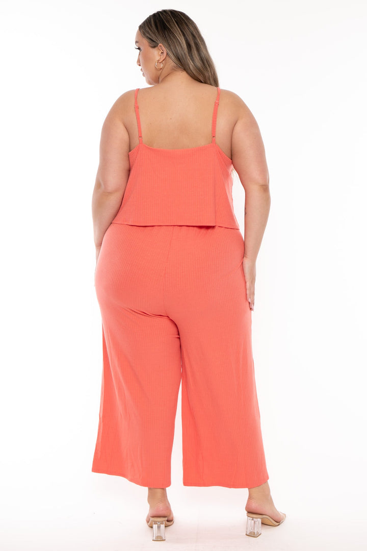 Zenana Jumpsuits and Rompers Plus Size Illa Ribbed Double layer Jumpsuit- Coral