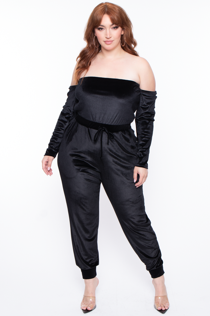 Curvy Sense Jumpsuits and Rompers 1X / Black Plus Size Isabelle Velour Off The Shoulder Jumpsuit - Black