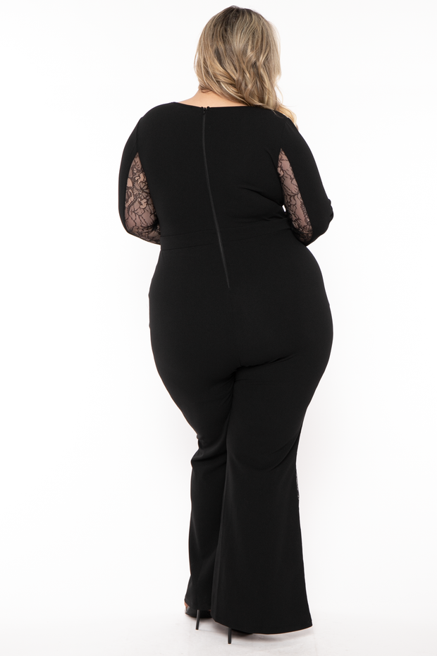 Curvy Sense Jumpsuits and Rompers Plus Size Kendra  Lace Paneled Jumpsuit - Black