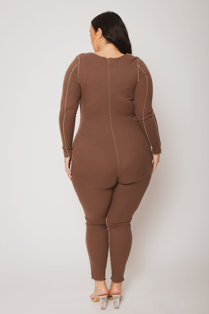 Gibiu Jumpsuits and Rompers Plus Size Kendra Rib Jumpsuit- Brown