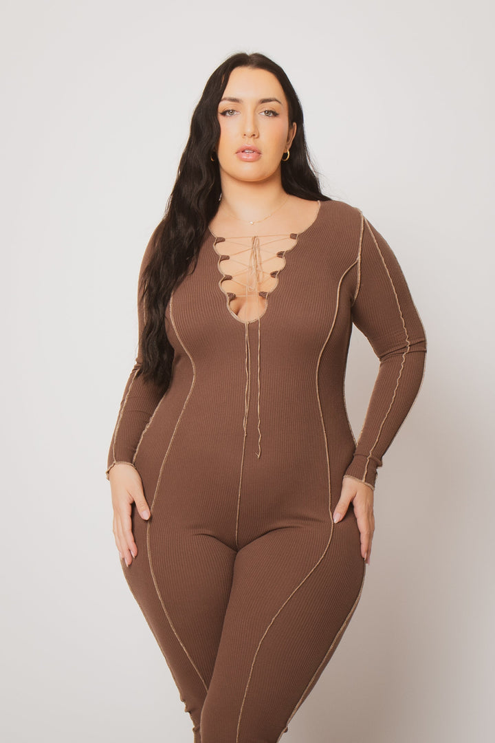Gibiu Jumpsuits and Rompers Plus Size Kendra Rib Jumpsuit- Brown