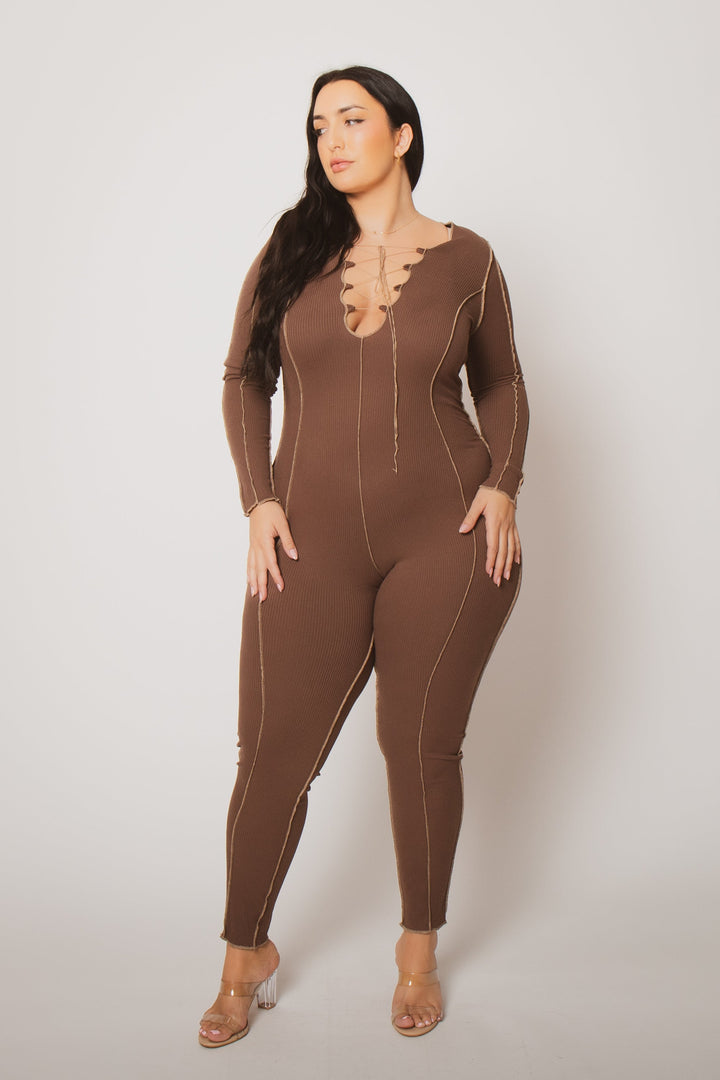 Gibiu Jumpsuits and Rompers Plus Size Kendra Rib Jumpsuit- Brown