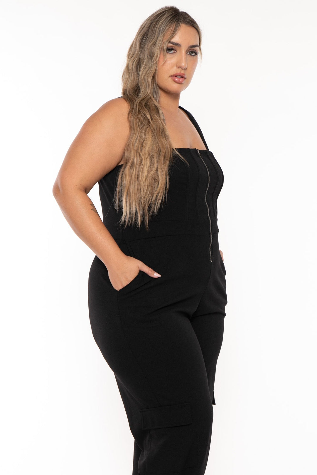 Curvy Sense Jumpsuits and Rompers Plus Size Khia Cargo  Jumpsuit - Black