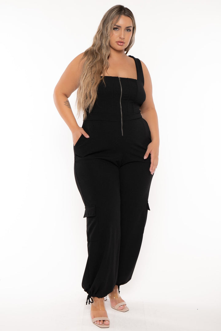 Curvy Sense Jumpsuits and Rompers Plus Size Khia Cargo  Jumpsuit - Black