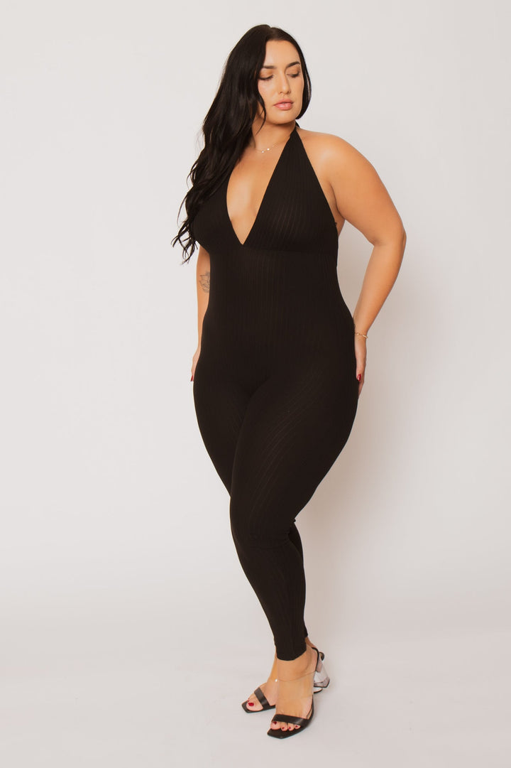 Capella Jumpsuits and Rompers Plus Size Kiana Rib  Jumpsuit - Black