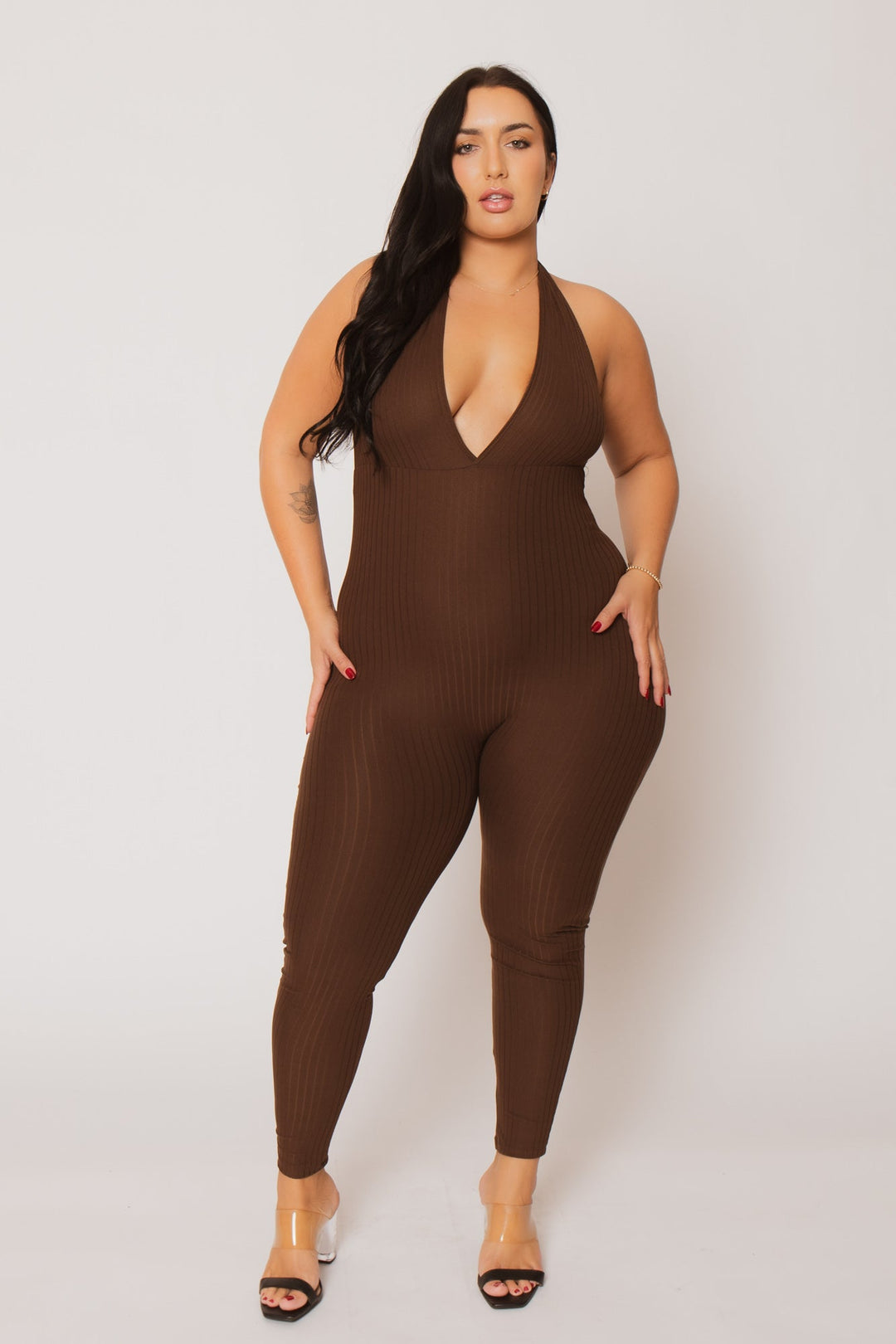 Capella Jumpsuits and Rompers Plus Size Kiana Rib  Jumpsuit - Brown