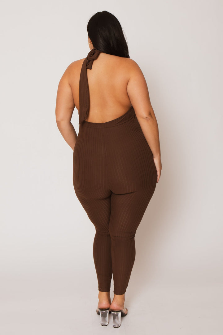Capella Jumpsuits and Rompers Plus Size Kiana Rib  Jumpsuit - Brown