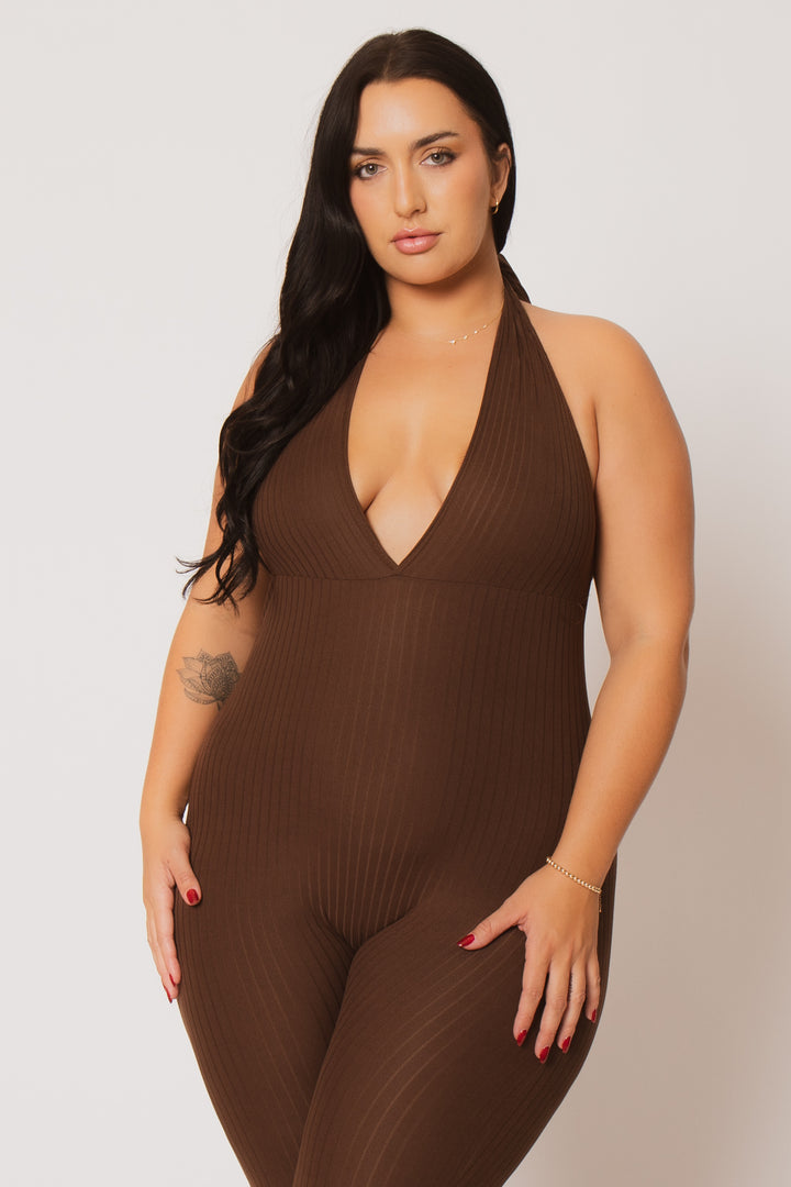 Capella Jumpsuits and Rompers Plus Size Kiana Rib  Jumpsuit - Brown