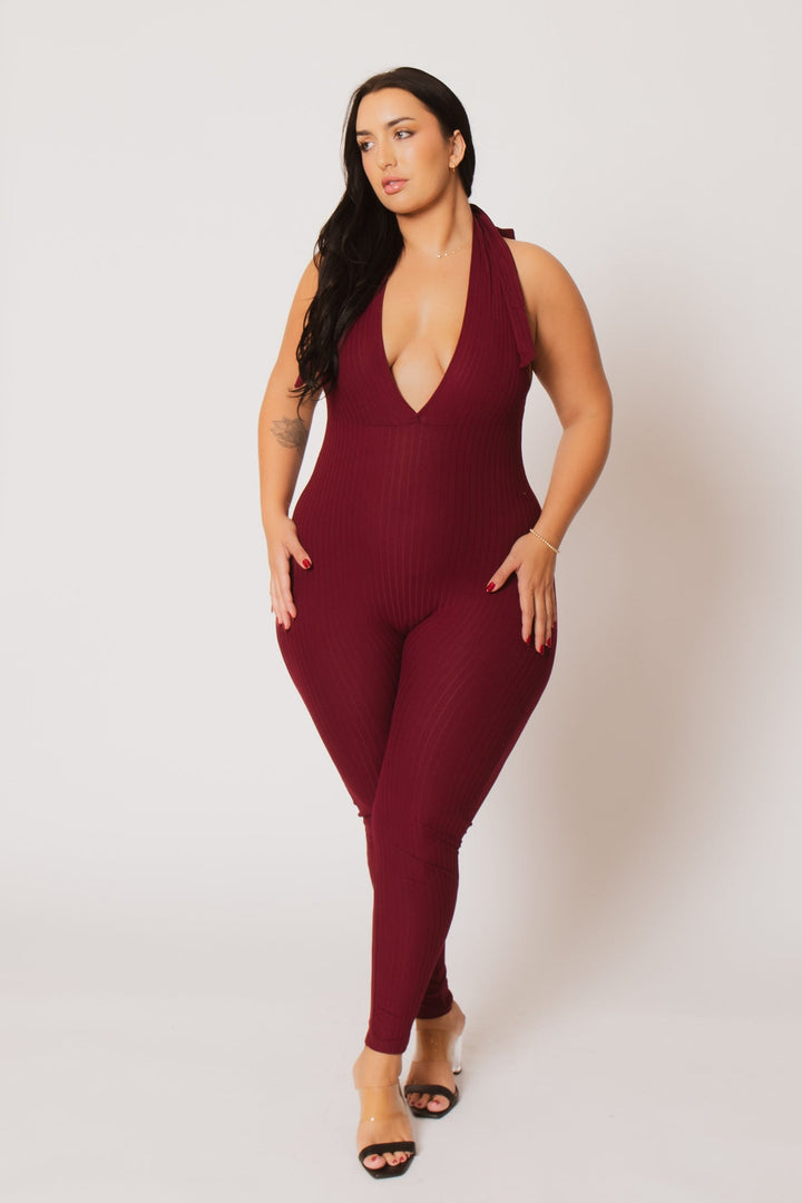 Capella Jumpsuits and Rompers Plus Size Kiana Rib  Jumpsuit - Burgundy