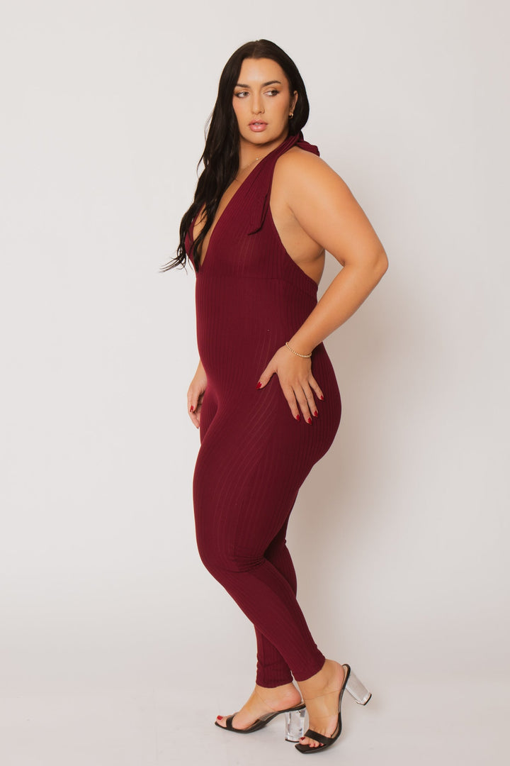 Capella Jumpsuits and Rompers Plus Size Kiana Rib  Jumpsuit - Burgundy