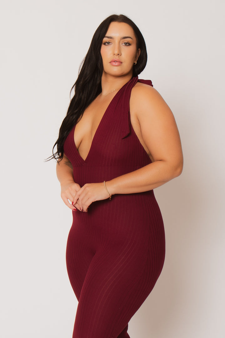 Capella Jumpsuits and Rompers Plus Size Kiana Rib  Jumpsuit - Burgundy