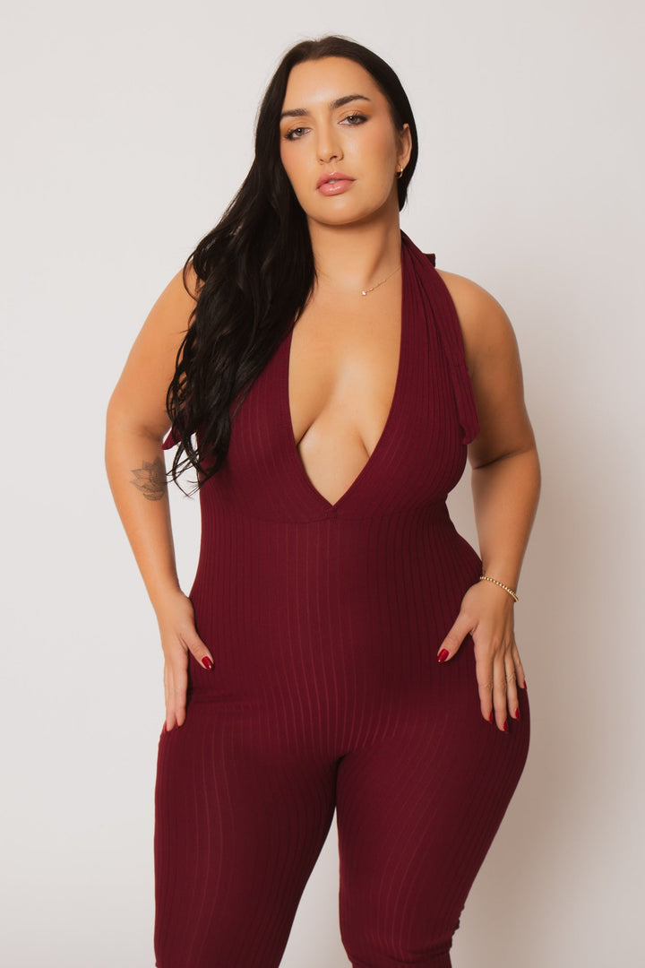 Capella Jumpsuits and Rompers Plus Size Kiana Rib  Jumpsuit - Burgundy