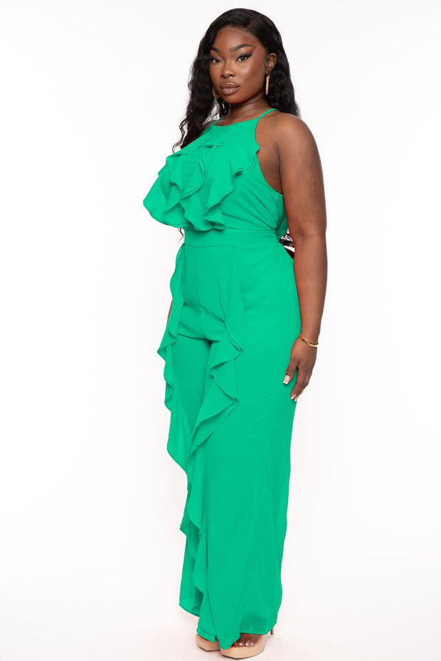 Miss Avenue Jumpsuits and Rompers Plus Size  Lenecia Chiffon Ruffle Jumpsuit  - Green