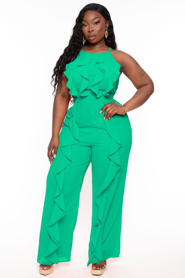 Miss Avenue Jumpsuits and Rompers Plus Size  Lenecia Chiffon Ruffle Jumpsuit  - Green