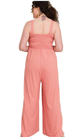 Zenana Jumpsuits and Rompers Plus Size Lia Smocked top stripped Jumpsuit with pockets - Coral