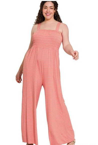 Zenana Jumpsuits and Rompers 1X / Coral Plus Size Lia Smocked top stripped Jumpsuit with pockets - Coral
