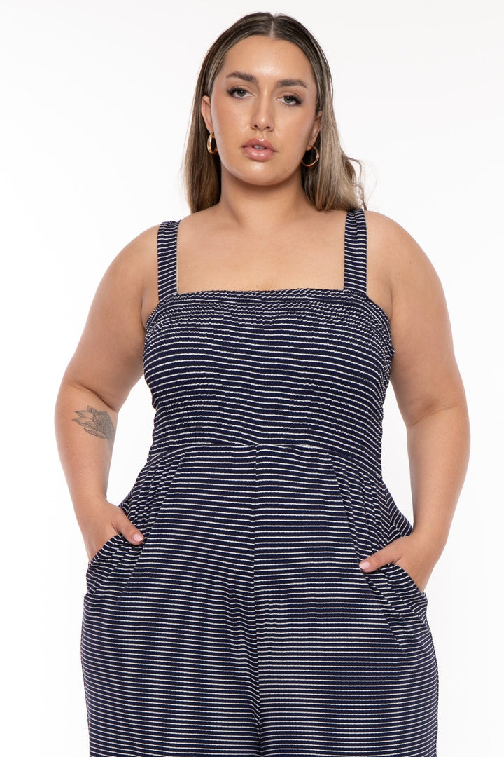 Zenana Jumpsuits and Rompers Plus Size Lia Smocked top stripped Jumpsuit with pockets - Navy
