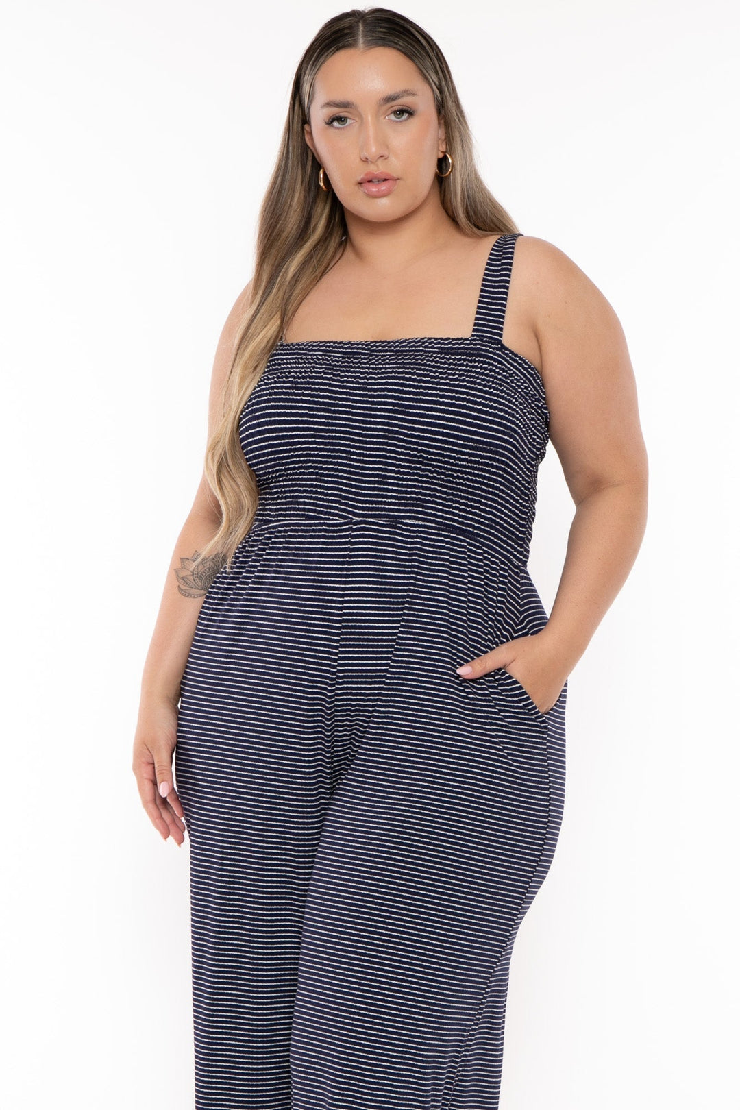 Zenana Jumpsuits and Rompers Plus Size Lia Smocked top stripped Jumpsuit with pockets - Navy