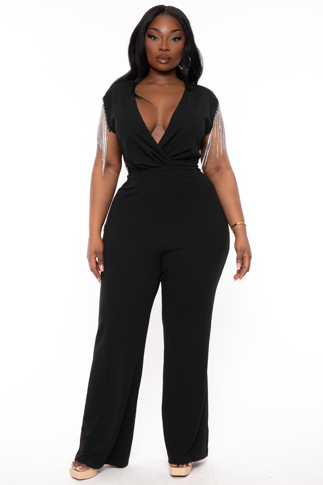 Plus Size Lilith Rhinestone Fringe Jumpsuit Black Curvy Sense