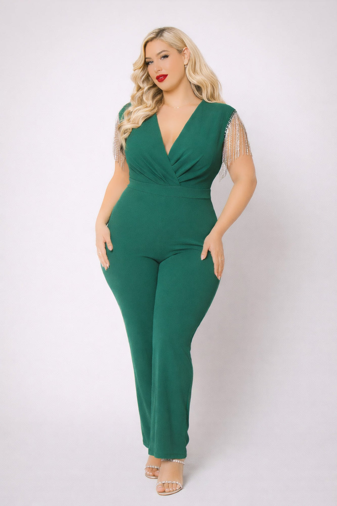 SYMPHONY Jumpsuits and Rompers Plus Size Lilith Rhinestone Fringe Jumpsuit - Green