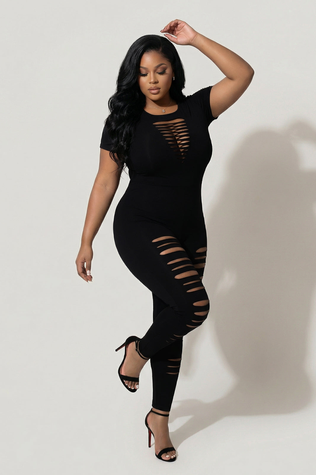 Women's Plus Size Lola Distress Jumpsuit - Black - Curvy Sense