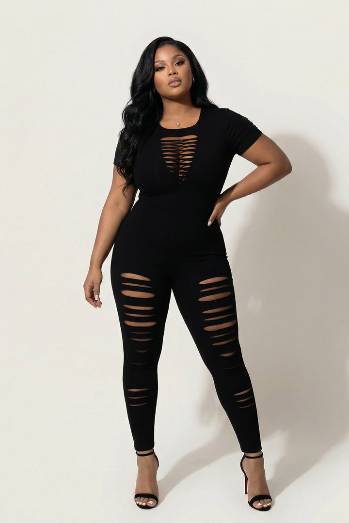 Curvy Sense Inc. Jumpsuits and Rompers Plus Size Lola Distress Jumpsuit - Black