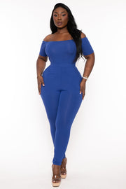 Curvy Sense Jumpsuits and Rompers 1X / Blue Plus Size Luisa Off The Shoulder Jumpsuit - Blue